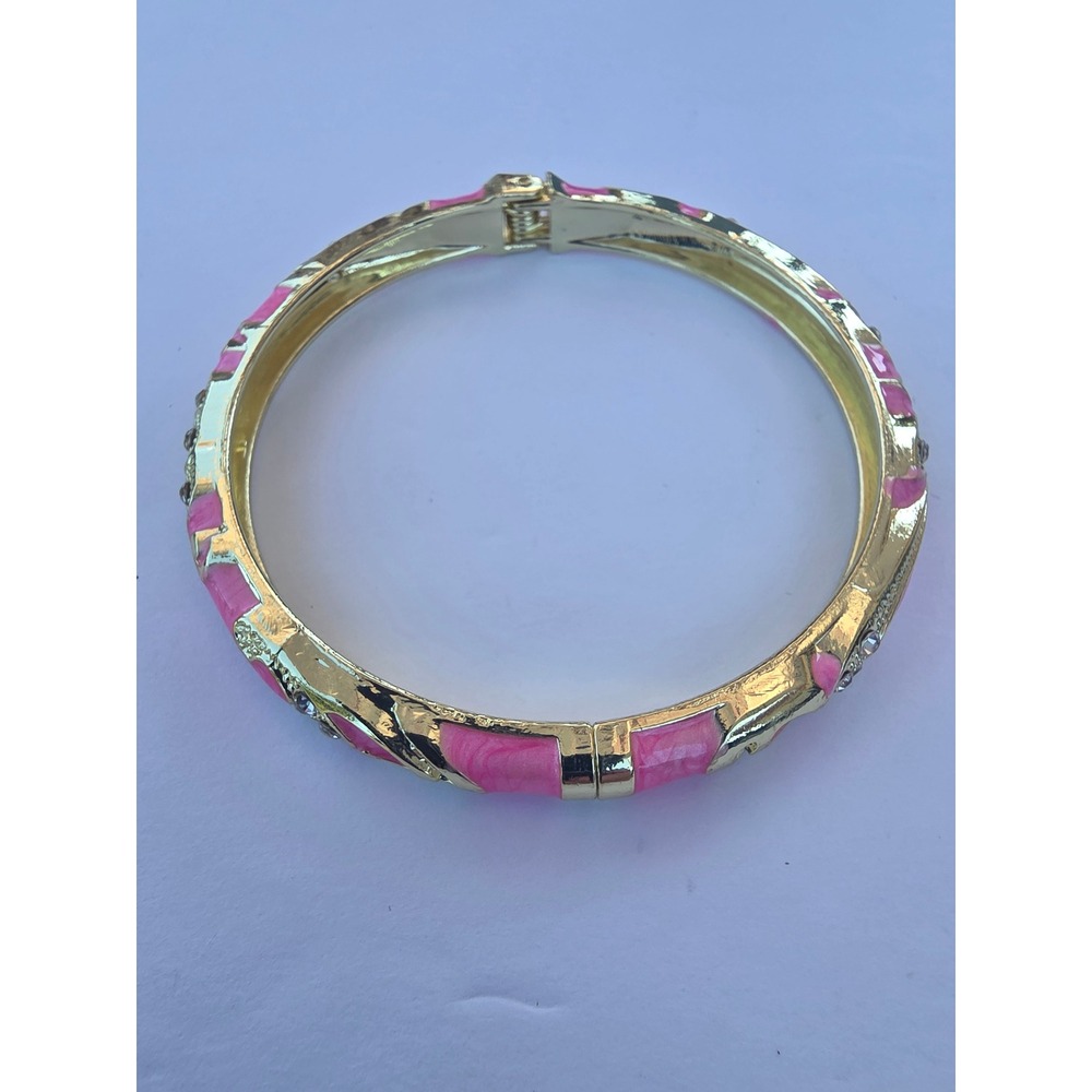 Gold Tone Pink Enamel Rhinestone Hinged Bangle Bracelet 6.75 Inch